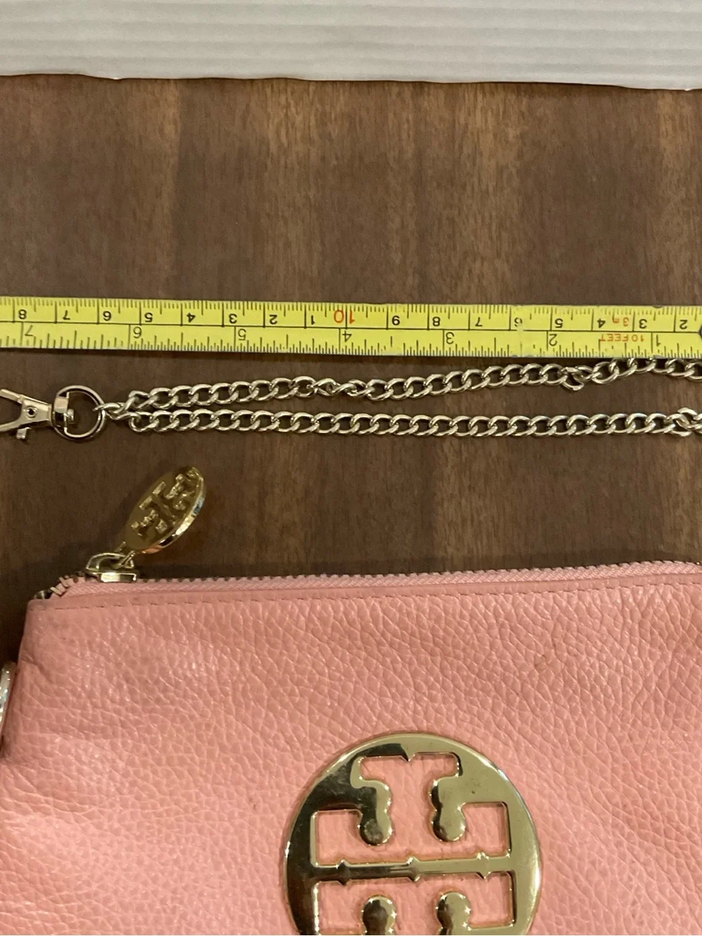 Tory Burch Pink Leather Wristlet with Gold Logo and Chain coin purse